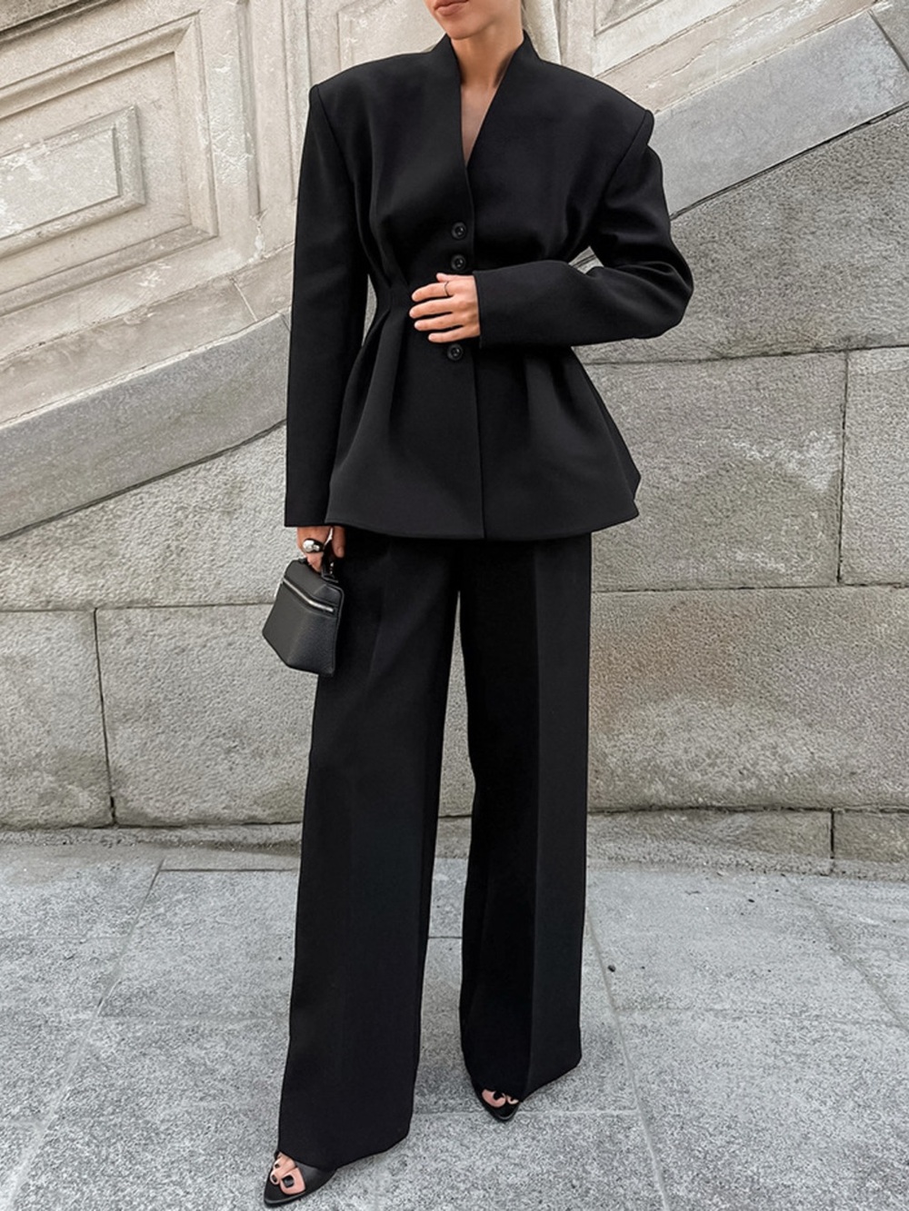 Chic Button Down Pleated Blazer and Wide-Leg Pants Suit Set